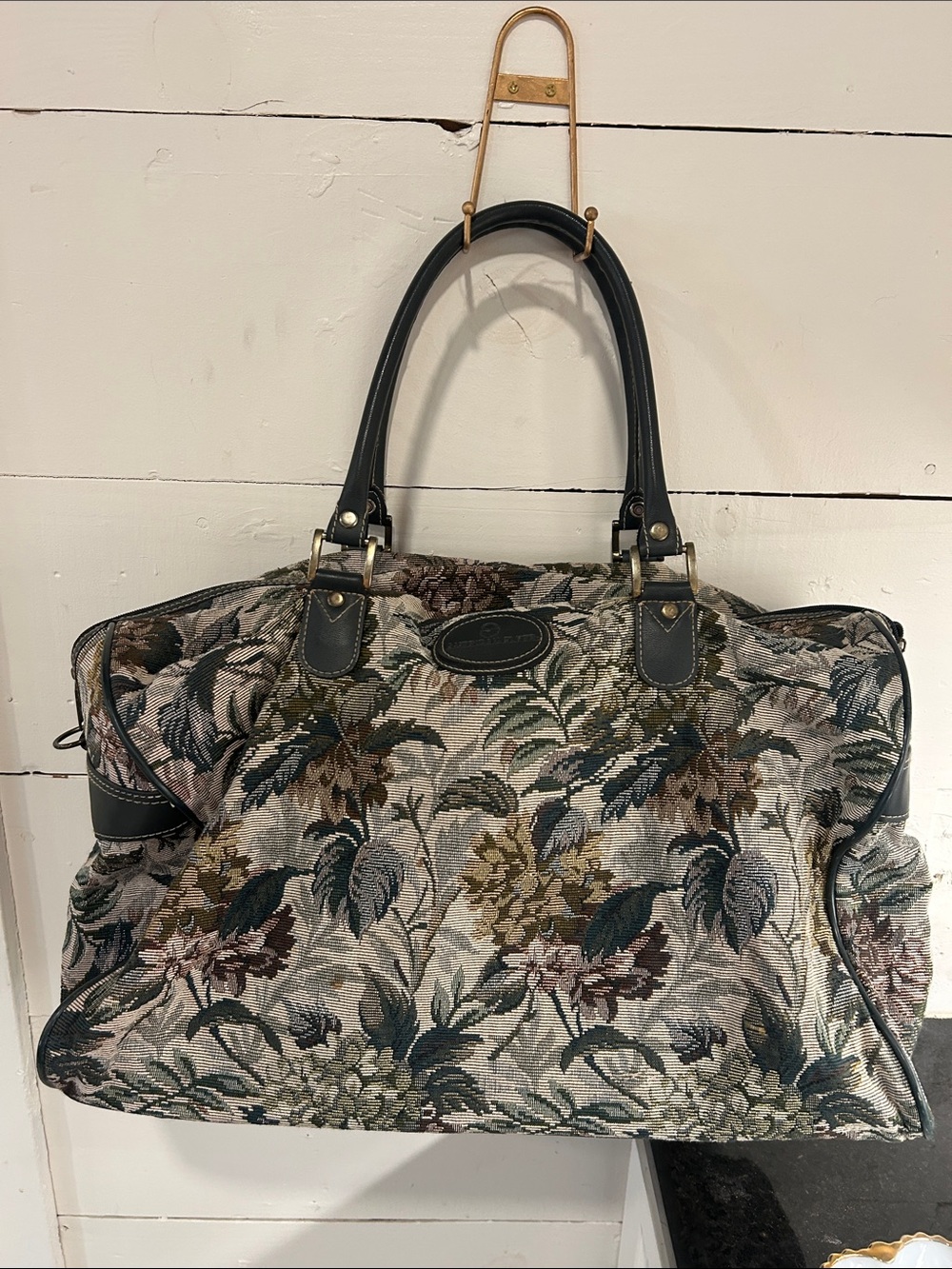 Vintage Floral Tapestry Travel Bag with Forest Green Trim